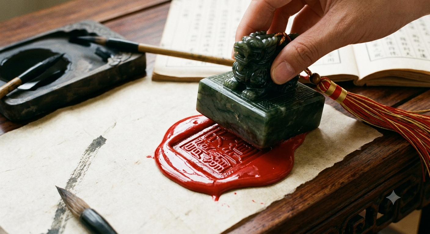 A jade Chinese chop pressed into red sealing wax on aged paper, with brush and inkstone alongside.